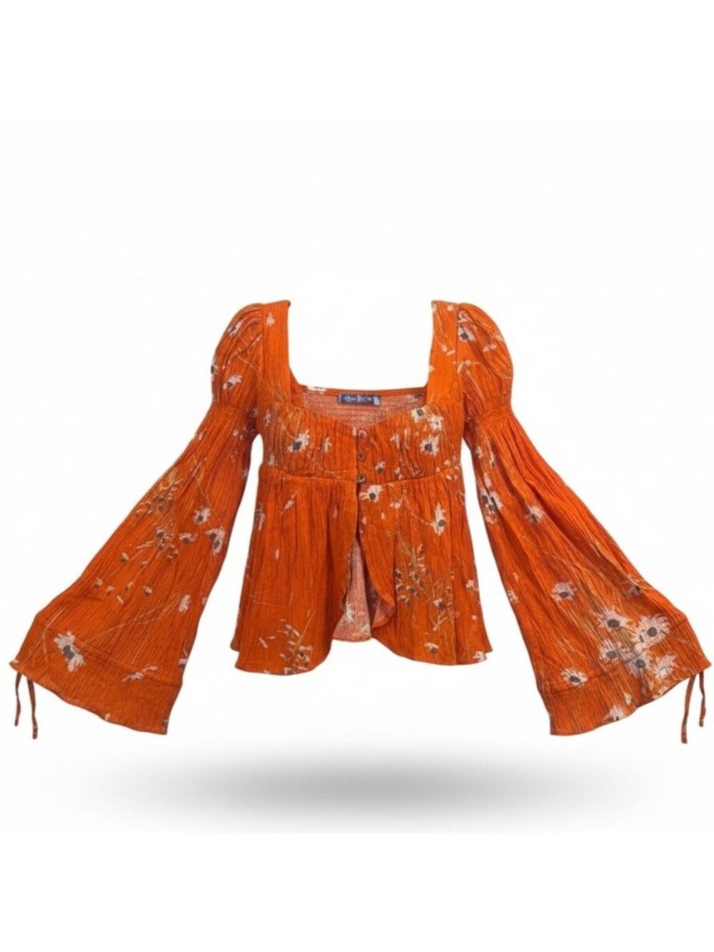 Urban Outfitters Women Orange Floral Viscose Bell Sleeve Top S